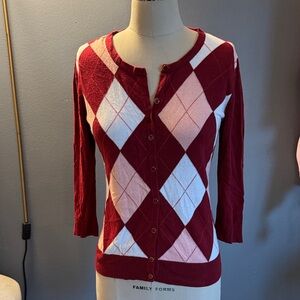 Argyle Button-Up Sweater Red, White, and Pink